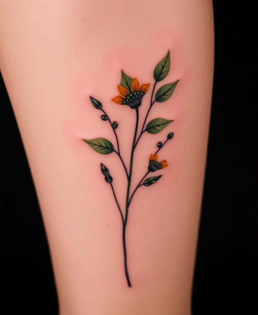 Kolorowy tatuaż roślinny na łydce — Frograf Tattoo Rzeszów